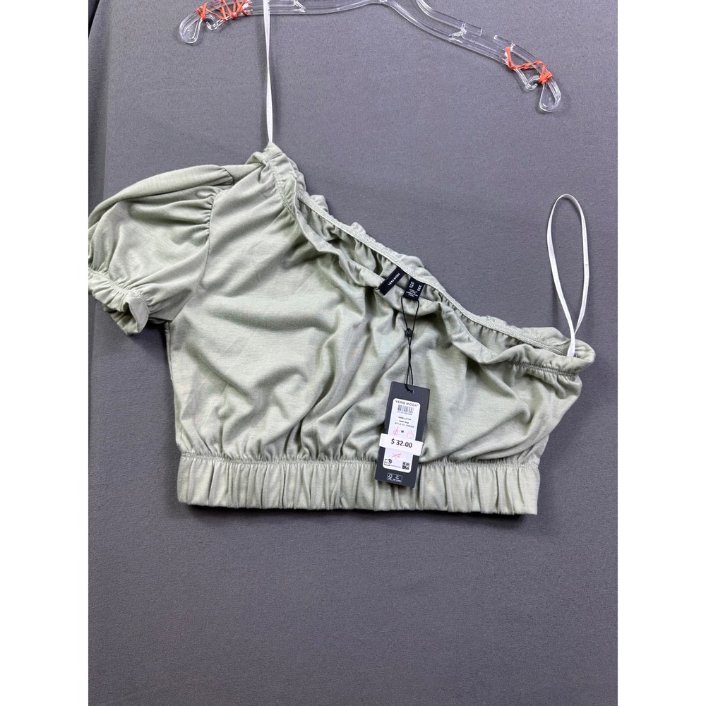 Vero Moda Women's One Shoulder Puff Sleeve Crop Top Sage Green Size M NWT